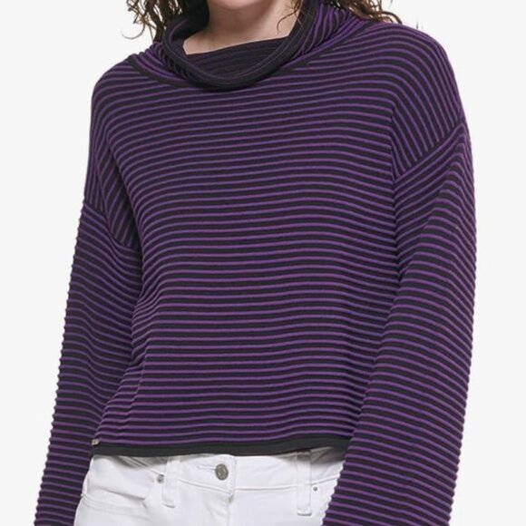 NWT DKNY Purple Striped Cowl Neck Sweater Ribbed Knit Flare Sleeve Crop Top L - Picture 2 of 6